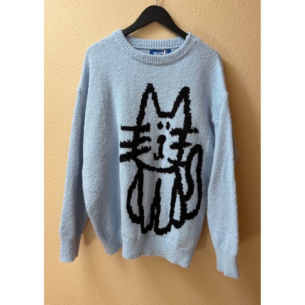 Aelfric Eden Oversized Knit Sweater Light Blue Black Cat Graphic Pullover M NWT